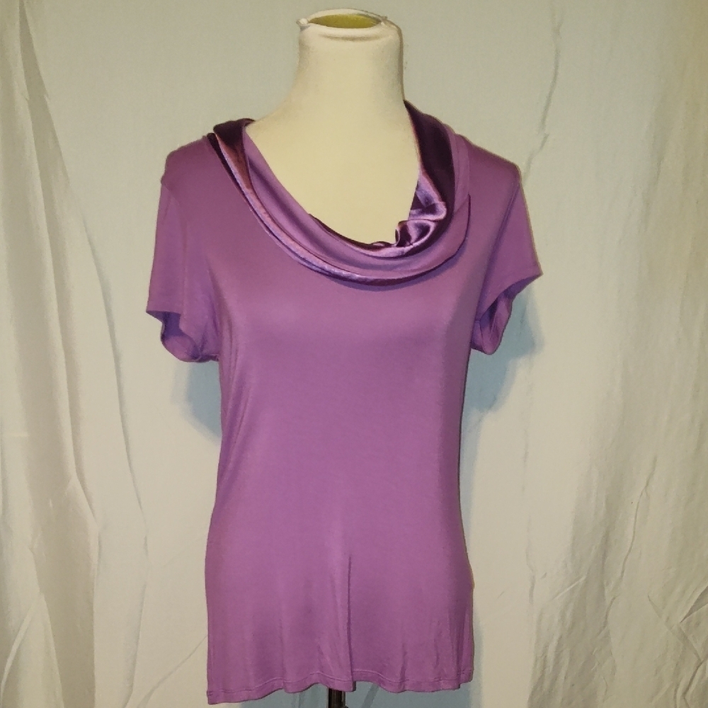 Tahari Lavender Mauve PurpleShort Sleeve Cowl Neck Top Size Large